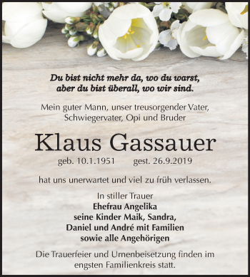Traueranzeige von Klaus Gassauer von Mitteldeutsche Zeitung Köthen