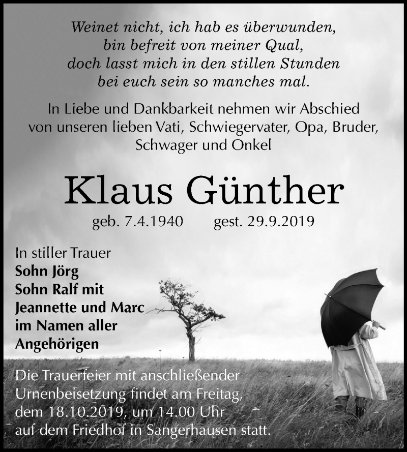  Traueranzeige für Klaus Günther vom 12.10.2019 aus Super Sonntag Sangerhausen