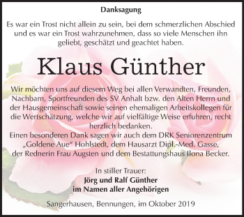 Traueranzeige von Klaus Günther von Mitteldeutsche Zeitung Sangerhausen