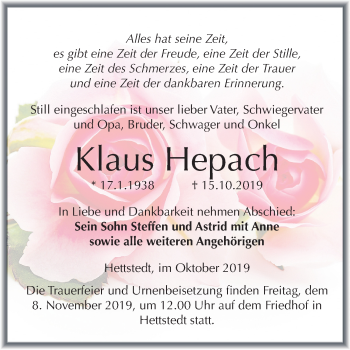Traueranzeige von Klaus Hepach von Mitteldeutsche Zeitung Mansfelder Land