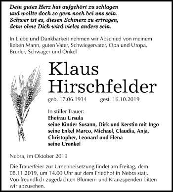 Traueranzeige von Klaus Hirschfelder von Wochenspiegel Naumburg/Nebra
