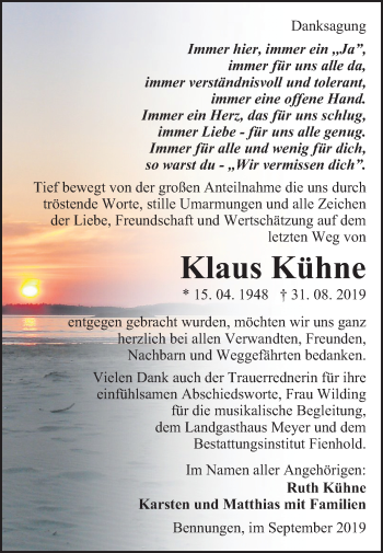 Traueranzeige von Klaus Kühne von Mitteldeutsche Zeitung Sangerhausen
