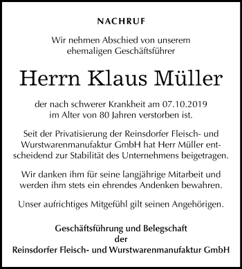 Traueranzeige von Klaus Müller von Super Sonntag Wittenberg