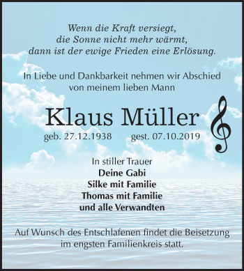 Traueranzeige von Klaus Müller von Super Sonntag Wittenberg