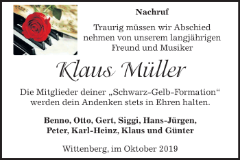 Traueranzeige von Klaus Müller von Mitteldeutsche Zeitung Wittenberg