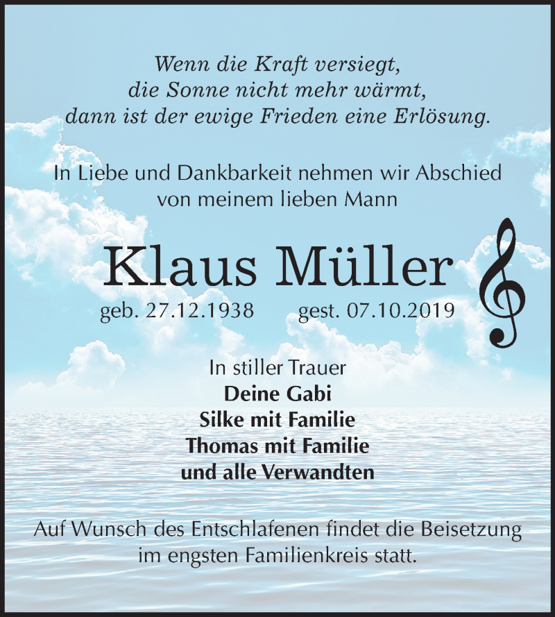  Traueranzeige für Klaus Müller vom 19.10.2019 aus Mitteldeutsche Zeitung Wittenberg