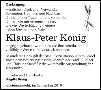 Traueranzeige von Klaus-Peter König von Wochenspiegel Mansfelder Land