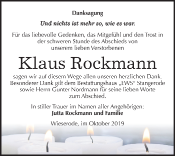 Traueranzeige von Klaus Rockmann von Mitteldeutsche Zeitung Mansfelder Land