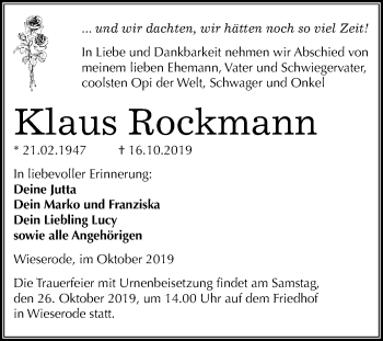Traueranzeige von Klaus Rockmann von Mitteldeutsche Zeitung Mansfelder Land