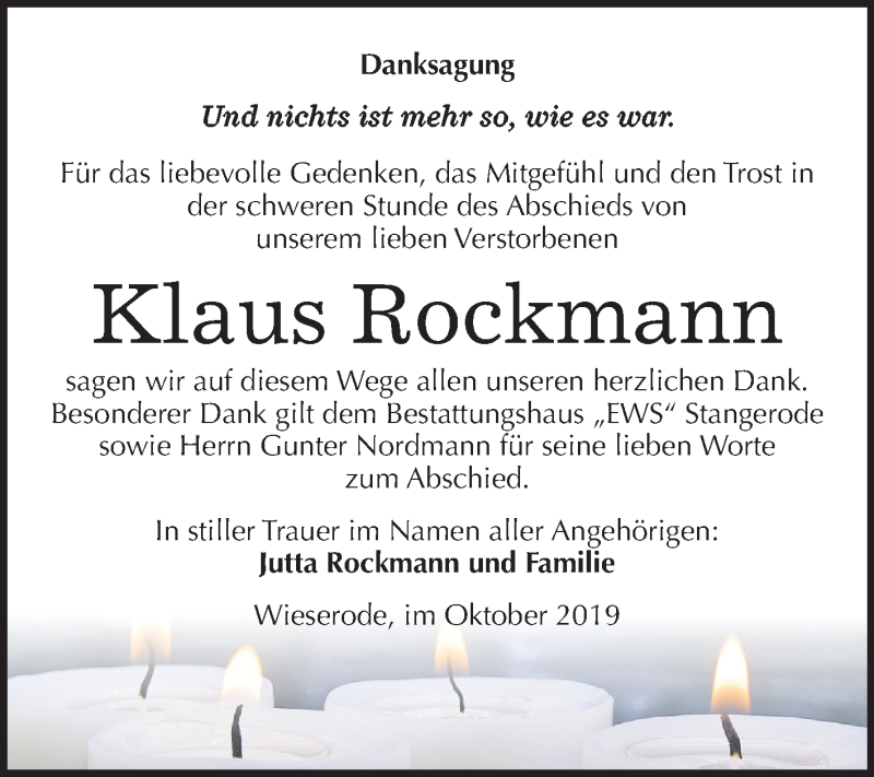  Traueranzeige für Klaus Rockmann vom 30.10.2019 aus Mitteldeutsche Zeitung Mansfelder Land