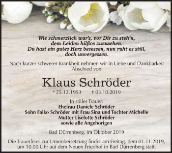 Traueranzeige von Klaus Schröder von Super Sonntag Merseburg/Querfurt