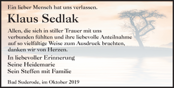 Traueranzeige von Klaus Sedlak von Super Sonntag Quedlinburg