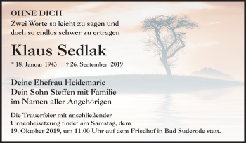 Traueranzeige von Klaus Sedlak von Super Sonntag Quedlinburg