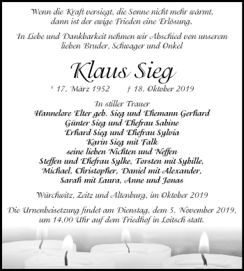 Traueranzeige von Klaus Sieg von Mitteldeutsche Zeitung Zeitz