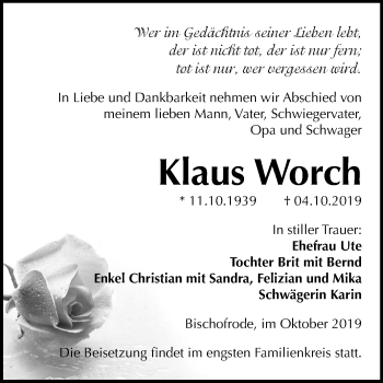 Traueranzeige von Klaus Worch von Mitteldeutsche Zeitung Mansfelder Land