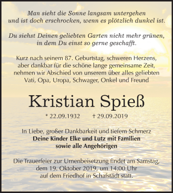 Traueranzeige von Kristian Spieß von Super Sonntag Merseburg/Querfurt