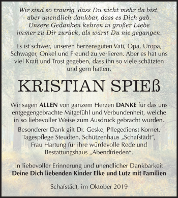 Traueranzeige von Kristian Spieß von Super Sonntag Merseburg/Querfurt