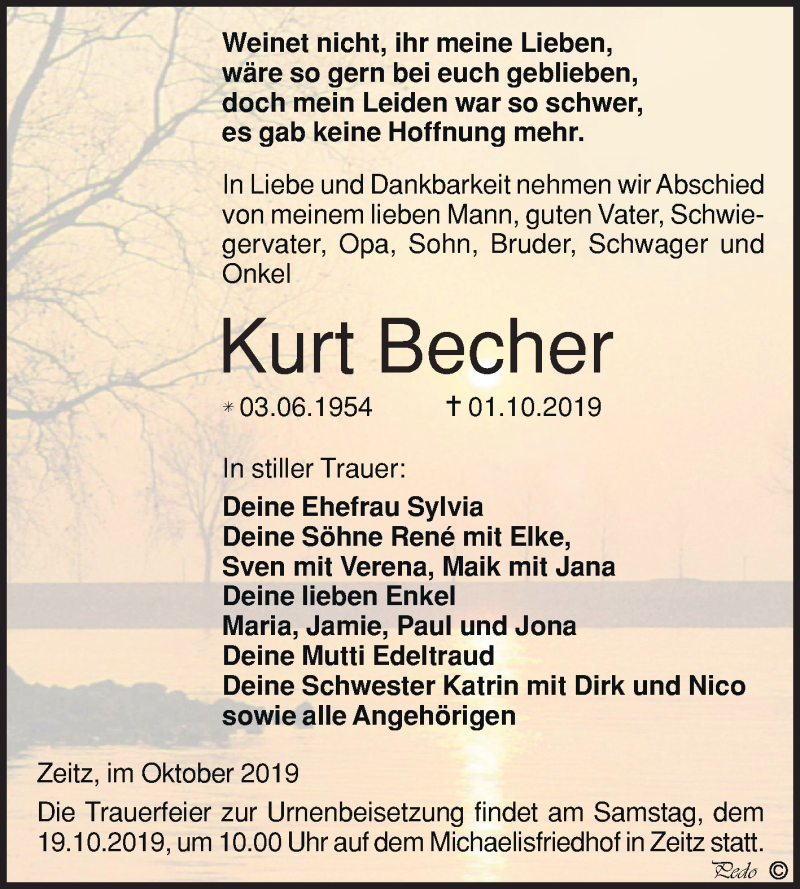  Traueranzeige für Kurt Becher vom 12.10.2019 aus Super Sonntag Zeitz