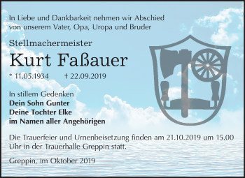 Traueranzeige von Kurt Faßauer von Wochenspiegel Bitterfeld