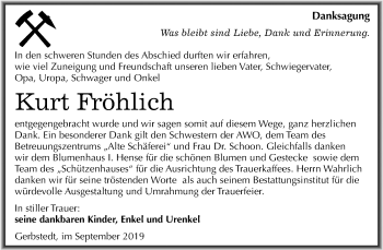 Traueranzeige von Kurt Fröhlich von Wochenspiegel Mansfelder Land