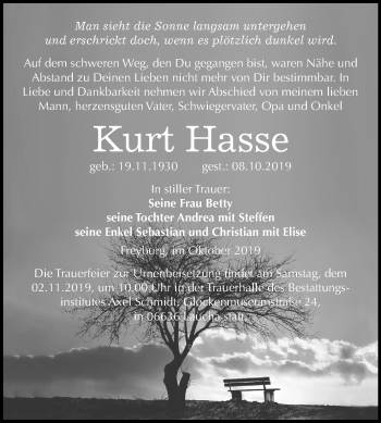 Traueranzeige von Kurt Hasse von Mitteldeutsche Zeitung Naumburg/Nebra