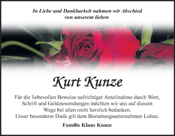 Traueranzeige von Kurt Kunze von Wochenspiegel Bitterfeld