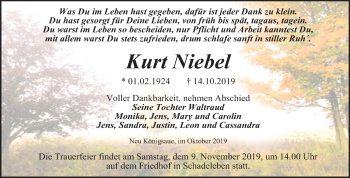 Traueranzeige von Kurt Niebel von Super Sonntag Mansfelder Land