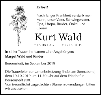 Traueranzeige von Kurt Wald von Mitteldeutsche Zeitung Halle/Saalkreis