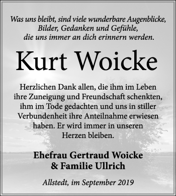 Traueranzeige von Kurt Woicke von Wochenspiegel Sangerhausen