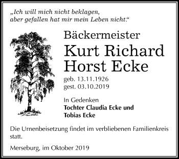 Traueranzeige von Kurt Richard Horst Ecke von Mitteldeutsche Zeitung Merseburg/Querfurt