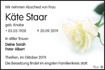 Traueranzeige von Käte Staar von Super Sonntag Zeitz
