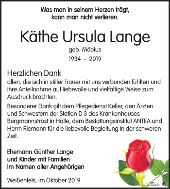 Traueranzeige von Käthe Ursula Lange von Mitteldeutsche Zeitung Weißenfels