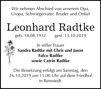 Traueranzeige von Leonhard Radtke von Super Sonntag Quedlinburg