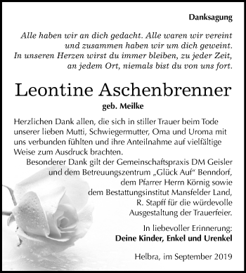 Traueranzeige von Leontine Aschenbrenner von Wochenspiegel Mansfelder Land