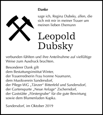 Traueranzeige von Leopold Dubsky von Mitteldeutsche Zeitung Bitterfeld