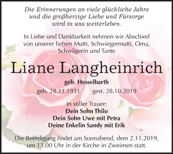 Traueranzeige von Liane Langheinrich von Mitteldeutsche Zeitung Merseburg/Querfurt