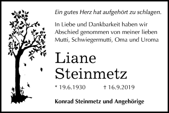 Traueranzeige von Liane Steinmetz von Mitteldeutsche Zeitung Bitterfeld