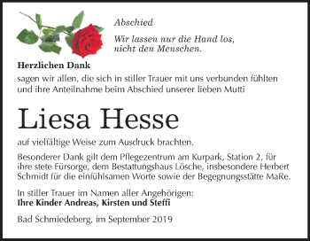 Traueranzeige von Liesa Hesse von Mitteldeutsche Zeitung Wittenberg