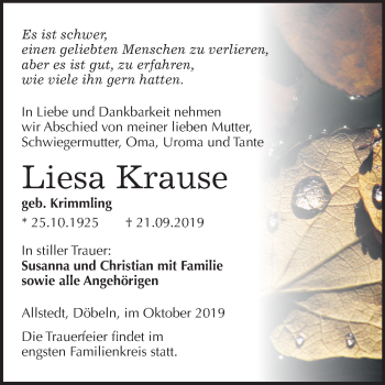 Traueranzeige von Liesa Krause von Mitteldeutsche Zeitung Sangerhausen