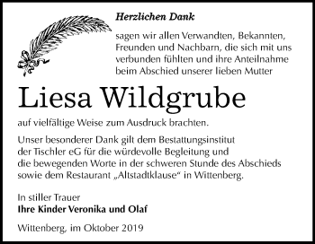 Traueranzeige von Liesa Wildgrube von Super Sonntag Wittenberg