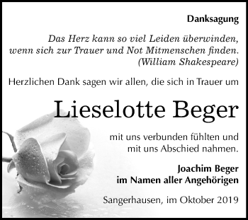 Traueranzeige von Lieselotte Beger von Mitteldeutsche Zeitung Sangerhausen