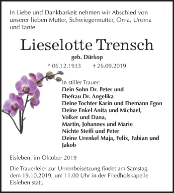 Traueranzeige von Lieselotte Mensch von Wochenspiegel Mansfelder Land