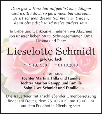Traueranzeige von Lieselotte Schmidt von Mitteldeutsche Zeitung Bernburg