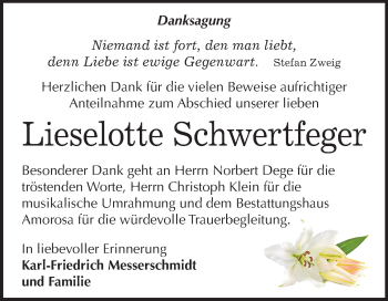 Traueranzeige von Lieselotte Schwertfeger von Super Sonntag Dessau-Roßlau