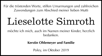 Traueranzeige von Lieselotte Simroth von Super Sonntag Bernburg