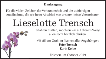Traueranzeige von Lieselotte Trensch von Mitteldeutsche Zeitung Mansfelder Land