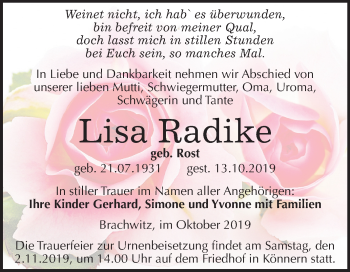 Traueranzeige von Lisa Radike von Mitteldeutsche Zeitung Halle/Saalkreis
