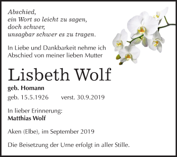 Traueranzeige von Lisbeth Wolf von Mitteldeutsche Zeitung Köthen