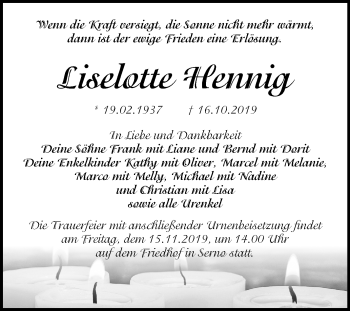 Traueranzeige von Liselotte Hennig von Mitteldeutsche Zeitung Wittenberg