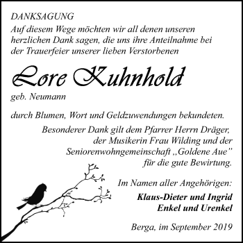 Traueranzeige von Lore Kuhnhold von Super Sonntag Sangerhausen